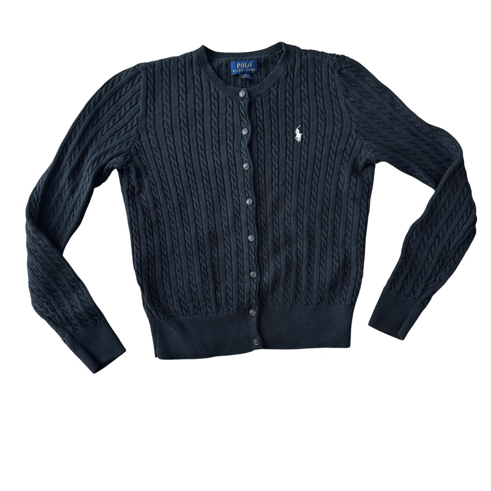 Polo Ralph Lauren Kids Black Cable Knit Cotton Cardigan Sweater L Lightweight